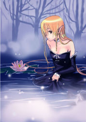 Rule 34 | bare shoulders, blonde hair, braid, choker, dress, elf, forest, nature, pointy ears, side braid, sitting, solo, strapless, strapless dress, tree, water, wet