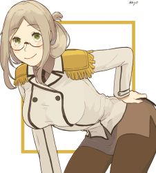 Rule 34 | 1girl, bad id, bad twitter id, bent over, black pantyhose, blonde hair, blush, breasts, epaulettes, folded ponytail, glasses, green eyes, hand on own hip, highres, kantai collection, katori (kancolle), large breasts, long sleeves, military, military uniform, pantyhose, pencil skirt, ponytail, simple background, skirt, smile, solo, sukekiyo (skky 0), twitter username, two-tone background, uniform