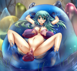Rule 34 | 1girl, blush, breasts squeezed together, breasts, female focus, green eyes, green hair, inflation, kochiya sanae, matching hair/eyes, monikano, monster, nude, object insertion, restrained, slime, solo, tears, touhou, uncensored, vaginal, vaginal object insertion