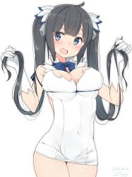 Rule 34 | 10s, 1girl, bad id, bad pixiv id, black hair, blue eyes, blush, bow, breasts, cleavage, cleavage cutout, clothing cutout, covered navel, dress, dungeon ni deai wo motomeru no wa machigatteiru darou ka, female focus, gloves, hair ornament, hestia (danmachi), holding, holding own hair, large breasts, long hair, looking at viewer, nekoume, open mouth, rei no himo, ribbon, short dress, simple background, solo, twintails, white background, white dress, white gloves