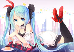Rule 34 | 10s, 1girl, 2014, artist name, blue eyes, blue hair, cushion, dated, detached sleeves, food, hatsune miku, high heels, highres, kyuri tizu, long hair, looking at viewer, lying, matching hair/eyes, on stomach, pudding, solo, spoon, thighhighs, twintails, very long hair, vocaloid, world is mine (vocaloid)
