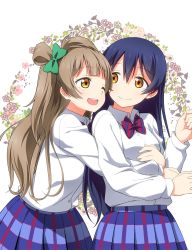 Rule 34 | 2girls, blue hair, blush, bow, bowtie, commentary request, grey hair, hair between eyes, hair bow, highres, hug, hug from behind, long hair, long sleeves, looking at another, love live!, love live! school idol project, minami kotori, multiple girls, one eye closed, one side up, open mouth, otonokizaka school uniform, pleated skirt, red neckwear, school uniform, shirt, skirt, smile, sonoda umi, striped bow, striped bowtie, striped clothes, striped neckwear, umekichi, white shirt, yellow eyes