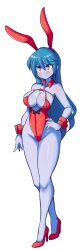 Rule 34 | 1girl, :&lt;, absurdres, animal ears, bare legs, bare shoulders, blue hair, blue skin, blush, breasts, cleavage, colored skin, covered navel, cowboy shot, curvy, detached collar, expressionless, fake animal ears, hand on own hip, highleg, highleg leotard, highres, large breasts, leotard, long hair, lucy (lucyfer), lucyfer, original, playboy bunny, rabbit ears, red eyes, red leotard, shiny skin, simple background, solo, standing, thighs, thong leotard, very long hair, white background, wide hips