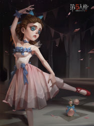 Rule 34 | 1girl, absurdres, arm up, blue bow, blue choker, blue scrunchie, bottle, bow, breasts, brown hair, button eyes, buttons, choker, collarbone, copyright name, dress, dress flower, highres, identity v, indoors, lin chang, lipstick, makeup, perfume bottle, scrunchie, small breasts, solo, standing, string of flags, vera nair, vera nair (red shoes), wrist scrunchie