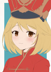 Rule 34 | 1girl, blue background, blush, brown eyes, character request, closed mouth, granblue fantasy, grey background, hat, highres, jacket, light brown hair, red hat, red jacket, shako cap, short hair, smile, solo, sweat, two-tone background, uneg, upper body
