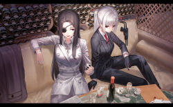 Rule 34 | 2girls, ashtray, black gloves, black jacket, black nails, black pants, bottle, brown hair, cigarette, collared shirt, commentary, couch, cup, drinking glass, english commentary, eyepatch, gloves, highres, holding, holding cigarette, holstered, indoors, jacket, jewelry, kfr, long hair, looking at another, looking at viewer, multiple girls, multiple rings, nail polish, necktie, on couch, original, pants, piston, purple eyes, red eyes, red necktie, ring, shirt, sideways glance, silver hair, sitting, table, white jacket, white pants, wine bottle
