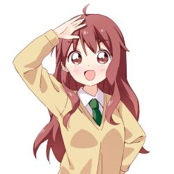 1girl :d ahoge arm_up blush collared_shirt commentary_request commission enomoto_yuiko green_necktie hand_on_own_hip haru_(konomi_150) long_hair long_sleeves looking_at_viewer love_lab_(manga) necktie open_mouth pixiv_commission red_eyes red_hair shirt simple_background smile solo sweater thick_eyebrows upper_body white_background white_shirt yellow_sweater