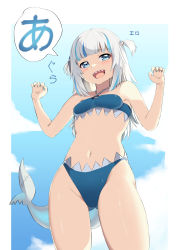 Rule 34 | 1girl, a (phrase), absurdres, adapted costume, bikini, blue bikini, blue eyes, blue hair, blue sky, blunt bangs, blush, breasts, catchphrase, claw pose, cloud, cloudy sky, commentary, cowboy shot, day, english commentary, erotanuki, fangs, fins, fish tail, gawr gura, gluteal fold, grey hair, hair ornament, highres, hololive, hololive english, long hair, looking at viewer, midriff, multicolored hair, navel, open mouth, outdoors, shark girl, shark hair ornament, shark tail, sharp teeth, sky, small breasts, smile, solo, streaked hair, swimsuit, tail, teeth, thighs, translated, two-tone hair, two side up, upper teeth only, virtual youtuber