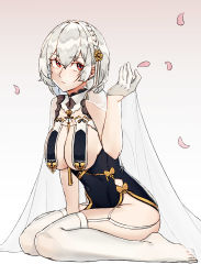 Rule 34 | 1girl, absurdres, azur lane, braid, breasts, china dress, chinese clothes, cleavage, commentary, dress, garter straps, gloves, groin, hair between eyes, hair ornament, highres, impossible clothes, large breasts, leaning forward, looking at viewer, petals, red eyes, renxzd, short hair, side slit, sidelocks, simple background, single braid, sirius (azur lane), sirius (azure horizons) (azur lane), sitting, solo, thighhighs, toes, wariza, white gloves, white hair, white thighhighs