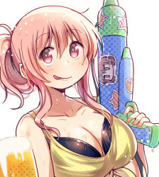 Rule 34 | 1girl, bikini, black bikini, breasts, brown eyes, brown hair, character request, cleavage, collarbone, highres, large breasts, licking lips, lips, looking at viewer, short hair, short hair with long locks, solo, swimsuit, tatsunokosso, tongue, tongue out, upper body, wet, wet clothes