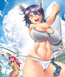 Rule 34 | 10s, 2girls, akashi (kancolle), apron, bikini, blush, breasts, cameltoe, cleavage, cleft of venus, crane (machine), curvy, deshima shin, covered erect nipples, eyepatch, green eyes, hair ribbon, headgear, highres, hook, kantai collection, kickboard, large breasts, long hair, looking at viewer, marine day, midriff, multiple girls, necktie, open mouth, pink hair, purple hair, ribbon, short hair, smile, swimsuit, tenryuu (kancolle), thick thighs, thighs, tress ribbon, twintails, wide hips, yellow eyes