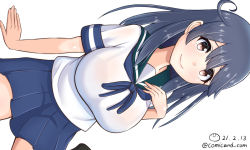Rule 34 | 1girl, ahoge, black hair, black legwear, blue sailor collar, blue skirt, breasts, commentary request, dated, kantai collection, large breasts, long hair, looking at viewer, one-hour drawing challenge, pleated skirt, sailor collar, school uniform, serafuku, shiromaru (maniado), sideways, simple background, sitting, skirt, solo, twitter username, ushio (kancolle), wariza, white background