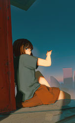 Rule 34 | 1girl, absurdres, blue eyes, blue shirt, blue sky, brown hair, building, commentary, day, faiz azhar, from behind, highres, looking at viewer, looking back, orange shorts, original, outdoors, shirt, short hair, short sleeves, shorts, sitting, sky, solo