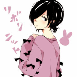 Rule 34 | 1girl, animal print, bad id, bad pixiv id, black bow, black eyes, black hair, bow, closed mouth, commentary request, from side, hair over one eye, kirishima touka, looking at viewer, looking to the side, low twintails, pink sweater, rabbit print, short hair, short twintails, solo, sweater, tokyo ghoul, toukaairab, translation request, twintails, upper body