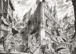 Rule 34 | 2boys, 3girls, aircraft, architecture, bad id, bad pixiv id, bridge, building, cable, city, cityscape, dirigible, flag, gothic architecture, greyscale, highres, mita mitauzo, monochrome, multiple boys, multiple girls, original, scenery, school uniform, skirt, stairs, traditional media