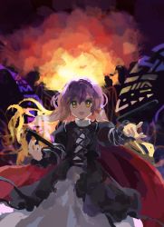 Rule 34 | 1girl, abstract background, backlighting, black dress, blonde hair, cape, cross-laced clothes, dress, floating, floating hair, floating object, frilled sleeves, frills, gradient hair, hands up, highres, hijiri byakuren, juliet sleeves, kaigen 1025, layered dress, long hair, long sleeves, looking at viewer, makai (touhou), multicolored clothes, multicolored dress, multicolored hair, no pupils, open mouth, outstretched arm, outstretched hand, puffy sleeves, purple hair, reaching, reaching towards viewer, red cape, ribbon, scroll, smile, solo, sorcerer&#039;s sutra scroll, touhou, turtleneck, turtleneck dress, two-tone hair, white dress, white ribbon, yellow eyes