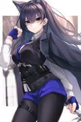 Rule 34 | 1girl, absurdres, animal ear fluff, animal ears, arknights, belt, belt pouch, black hair, black pantyhose, black vest, blue gloves, blue necktie, breasts, closed mouth, collared shirt, contrapposto, cowboy shot, extra ears, fingerless gloves, gloves, highres, holding, holding sword, holding weapon, large breasts, long hair, long sleeves, looking at viewer, nameko houshi, necktie, outside border, pantyhose, pantyhose under shorts, pouch, shirt, short shorts, shorts, solo, sword, texas (arknights), texas the omertosa (arknights), thigh strap, very long hair, vest, weapon, white shirt, wolf ears, yellow eyes