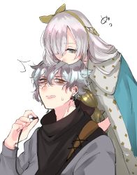 Rule 34 | 1boy, 1girl, absurdres, anastasia (fate), blue eyes, chin rest, cloak, earphones, earrings, fate/grand order, fate (series), gold trim, hair over one eye, hair ribbon, head on head, highres, jewelry, kadoc zemlupus, kenpin, ribbon, silver hair, simple background, white background, yellow eyes