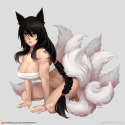 Rule 34 | 1girl, ahri (league of legends), all fours, animal ears, areola slip, black hair, bottomless, braid, breasts, brown eyes, budget sarashi, cleavage, elee0228, female focus, fox ears, fox tail, full body, gao (gaolukchup), highres, kneeling, large breasts, league of legends, long hair, md5 mismatch, multiple tails, patreon, patreon username, sarashi, single braid, solo, tail, underboob, unfinished, very long hair, watermark, web address, whiskers