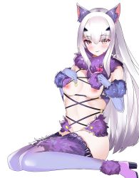 Rule 34 | 1girl, animal ears, avil, bare shoulders, blush, bow, breasts, brown eyes, cleavage, cosplay, elbow gloves, melusine (fate), fate/grand order, fate (series), forked eyebrows, fur-trimmed gloves, fur-trimmed legwear, fur collar, fur trim, gloves, highres, lace, lace-trimmed legwear, lace trim, licking lips, long hair, looking at viewer, mash kyrielight, mash kyrielight (dangerous beast), mash kyrielight (dangerous beast) (cosplay), navel, nipples, o-ring, official alternate costume, purple gloves, purple legwear, revealing clothes, sidelocks, simple background, sitting, small breasts, smile, solo, tail, thighs, tongue, tongue out, wariza, white background, white hair, wolf ears, wolf tail