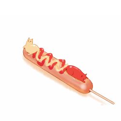 Rule 34 | cat, chai (drawingchisanne), commentary request, food, food-themed creature, food focus, hot dog, ketchup, mustard, no humans, on food, original, sitting on food, undersized animal