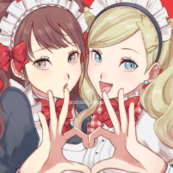 2girls blonde_hair blue_eyes bow bowtie brown_hair earrings grey_eyes heart heart_hands heart_hands_duo highres jewelry kujikawa_rise long_hair looking_at_viewer maid_headdress multiple_girls open_mouth persona persona_4 persona_5 smile stud_earrings takamaki_anne twintails upper_body usa_(kawaii_152cm)