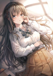 Rule 34 | 1girl, absurdres, bed sheet, blush, bow, bowtie, brown eyes, brown hair, collared shirt, dress shirt, grey bow, grey bowtie, hair ribbon, hand on own stomach, highres, huge filesize, long hair, long sleeves, looking at viewer, lying, medium skirt, on back, on bed, orange ribbon, orange skirt, original, parted lips, plaid, plaid bow, plaid bowtie, plaid neckwear, pleated skirt, ribbon, shirt, skirt, solo, starlime, tears, very long hair, window shadow, wiping tears