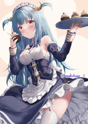 Rule 34 | 1girl, absurdres, apron, azur lane, bare shoulders, blue bow, blue bowtie, blue dress, blue hair, blush, bow, bowtie, breasts, cleavage, commentary request, corset, detached collar, detached sleeves, dress, food, frilled apron, frilled dress, frills, garter straps, hands up, highres, holding, holding food, leaning forward, long hair, looking at viewer, maid headdress, makihige, medium breasts, muffin, neptune (azur lane), open mouth, orange eyes, shell hair ornament, signature, skindentation, solo, staring, sweets, thighhighs, thighs, upskirt, very long hair, waist apron, white apron, yellow eyes