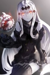 Rule 34 | 1girl, abyssal ship, aircraft carrier water oni, bad id, bad pixiv id, black dress, boots, closed mouth, detached sleeves, dress, floating fortress (kancolle), hair between eyes, highres, kantai collection, knee boots, long hair, looking at viewer, orange eyes, ribbed dress, short dress, thighs, very long hair, weasel (close-to-the-edge), white hair