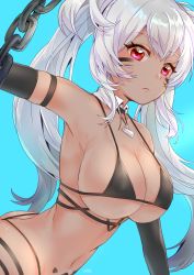 Rule 34 | 1girl, alabama (azur lane), arched back, arm strap, arm up, armpits, artist name, aye, azur lane, bikini, bikini top only, black bikini, black gloves, black panties, blue background, bodypaint, breasts, chain, closed mouth, covered erect nipples, dark-skinned female, dark skin, detached collar, elbow gloves, expressionless, eyelashes, facepaint, gloves, hair between eyes, highleg, highleg panties, highres, jewelry, large breasts, long hair, looking at viewer, native american, navel, necklace, panties, red eyes, silver hair, simple background, solo, strap gap, string bikini, swimsuit, thong, thong bikini, twisted torso, underboob, underwear, wing collar