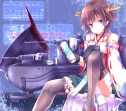 Rule 34 | 10s, 1girl, bad id, bad pixiv id, bare shoulders, black gloves, black thighhighs, blue eyes, bottle, brown hair, gloves, hiei (kancolle), kantai collection, looking at viewer, machinery, no legwear, nontraditional miko, sakura romu, short hair, skirt, smile, solo, thighhighs, wide sleeves