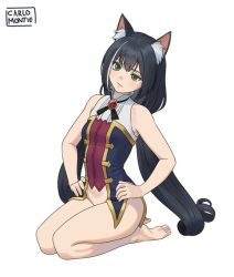 Rule 34 | 1girl, animal ear fluff, animal ears, artist name, bare arms, bare legs, bare shoulders, barefoot, black hair, blush, bottomless, carlo montie, cat ears, cat girl, drill hair, feet, female focus, fluff, full body, gem, green eyes, hand on own hip, hands on own hips, karyl (princess connect!), legs, legs together, long hair, low twintails, multicolored hair, princess connect!, seiza, shirt, signature, simple background, sitting, soles, solo, streaked hair, thighs, toes, tsurime, twintails, unsure, very long hair, white background, white hair, white shirt