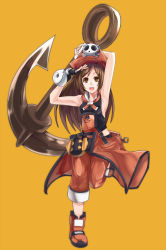 Rule 34 | 1girl, anchor, armpits, art is de4d, breasts, brown eyes, brown hair, clothes around waist, fingerless gloves, full body, gloves, guilty gear, guilty gear xrd, hat, highres, huge weapon, long hair, may (guilty gear), orange background, orange hat, orange shirt, pants, pants rolled up, parted bangs, pirate hat, sailor collar, salute, shirt, simple background, skull and crossbones, sleeveless, small breasts, solo, weapon