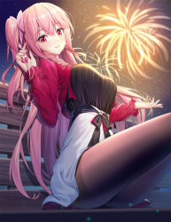Rule 34 | 1girl, aerial fireworks, bench, black bow, black shirt, blurry, blurry background, blush, bow, breasts, brown pantyhose, commentary request, depth of field, emily stock, feet out of frame, fireworks, hair between eyes, hair bow, heart, high-waist skirt, highres, jacket, large breasts, long hair, long sleeves, looking at viewer, night, night sky, on bench, one side up, open clothes, open jacket, original, outdoors, pantyhose, park bench, parted lips, pink bow, pink hair, red eyes, red jacket, ririko (zhuoyandesailaer), shirt, sitting, skirt, sky, smile, solo, star (symbol), thighband pantyhose, very long hair, white skirt
