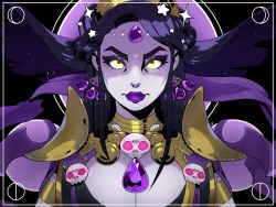 Rule 34 | 1girl, absurdres, black hair, breasts, chest jewel, cleavage, commentary, earrings, english commentary, eyebrows, forehead jewel, gem, hades (series), hades 1, highres, jewelry, looking at viewer, makeup, mess sama, nyx (hades), purple gemstone, purple lips, skull, solo, upper body, yellow eyes