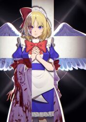 Rule 34 | 2girls, absurdres, angel wings, blonde hair, blood, blood on clothes, blood on hands, blue dress, blue eyes, bow, cross, dress, feathered wings, frills, gengetsu (touhou), guumin, hair bow, highres, long sleeves, maid, maid headdress, mugetsu (touhou), multiple girls, own hands together, puffy long sleeves, puffy sleeves, red bow, red eyes, ribbon, short hair, short sleeves, skirt, touhou, touhou (pc-98), turtleneck, white wings, wings