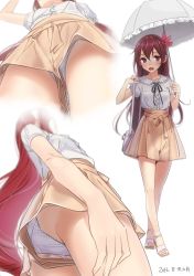 Rule 34 | 10s, 1girl, 2016, alternate costume, ama mitsuki, artist name, ass, bag, bare legs, blush, breasts, brown eyes, brown hair, casual, commentary request, culottes, dated, from below, full body, hair between eyes, hair ornament, handbag, kantai collection, kisaragi (kancolle), long hair, medium breasts, multiple views, open mouth, panties, pantyshot, parasol, sandals, shirt, shorts, smile, standing, umbrella, underwear, upshorts, white panties, white shirt
