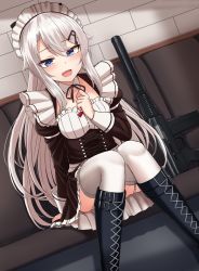 Rule 34 | 1girl, 9a-91, 9a-91 (bullets cafe) (girls&#039; frontline), 9a-91 (girls&#039; frontline), :d, apron, assault rifle, blue eyes, blush, boots, breasts, cross-laced footwear, dutch angle, girls&#039; frontline, gun, hair between eyes, hair ornament, hand up, highres, knee boots, knees together feet apart, lace-up boots, long hair, looking at viewer, maid, maid headdress, medium breasts, open mouth, rifle, silver hair, sitting, smile, solo, thighhighs, very long hair, weapon, yakob labo
