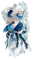 Rule 34 | 1girl, black thighhighs, blue capelet, blue dress, blue eyes, blue footwear, blue theme, capelet, closed umbrella, commentary, dress, flower, flower facial mark, full body, hand up, highres, lobelia (saclia), long hair, long sleeves, original, parted lips, simple background, smile, solo, standing, thighhighs, umbrella, white background, white flower, white hair, white umbrella