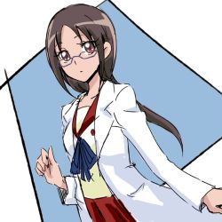 Rule 34 | 10s, 1girl, :o, brown eyes, brown hair, eyelashes, glasses, happinesscharge precure!, image sample, jindaiji mami, lab coat, long hair, long sleeves, looking at viewer, md5 mismatch, neckerchief, parted lips, precure, purple-framed eyewear, red skirt, resized, sailor collar, school uniform, serafuku, shirt, simple background, sketch, skirt, solo, tsukikage oyama, twintails, white shirt