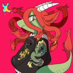 Rule 34 | 1girl, colored skin, cowboy shot, dragon, dragon girl, dragon tail, earrings, fire, green skin, highres, horns, jacket, jewelry, original, panapana, pink background, print jacket, profile, shadow, simple background, snake hair, solo, tail, white horns, yellow eyes