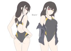 Rule 34 | 1girl, alternate costume, ass, backless swimsuit, black hair, breasts, competition swimsuit, girls&#039; frontline, gotoo, heterochromia, highres, jacket, large breasts, long hair, multicolored hair, one-piece swimsuit, open clothes, open jacket, red eyes, ro635 (girls&#039; frontline), solo, streaked hair, swimsuit, swimsuit under clothes, white hair, yellow eyes