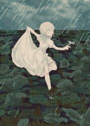 Rule 34 | 1girl, bang dream!, bug, closed eyes, closed mouth, cloud, cloudy sky, commentary request, dancing, dragonfly, dress, green hair, highres, horizon, insect, lily pad, long hair, odore (suzukisakana001), outdoors, rain, short sleeves, skirt hold, sky, solo, standing, standing on one leg, wading, wakaba mutsumi, white dress