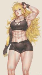 Rule 34 | 1girl, abs, alternate muscle size, amputee, arm at side, arm up, bare shoulders, bike shorts, blonde hair, bra, breasts, brown bra, brown shorts, cleavage, feet out of frame, fingerless gloves, gloves, mma gloves, groin, gym shorts, hair between eyes, highres, kuon (kwonchanji), large breasts, long hair, looking at viewer, mechanical arms, messy hair, muscular, muscular female, navel, prosthesis, prosthetic arm, purple eyes, rwby, shorts, signature, simple background, solo, sports bra, ultimate fighting championship, underwear, white background, yang xiao long