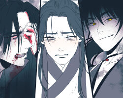 Rule 34 | 3boys, blank eyes, blood, blood on face, blood on hands, blush, chinese clothes, chinese hairpin, clenched hand, clenched teeth, evil smile, gmanffjd, hair between eyes, hanfu, highres, jewelry, long hair, modao zushi, motion lines, multiple boys, necklace, open mouth, partially colored, smile, song lan, teeth, veiny face, veiny neck, xiao xingchen, xue yang, yellow eyes
