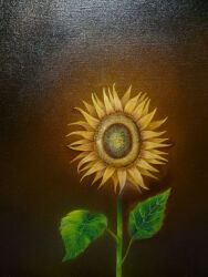Rule 34 | branch, flower, leaf, mitzoka2001, no humans, original, painting (medium), plant, realistic, still life, sunflower, traditional media, yellow flower