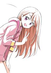 Rule 34 | 1girl, commentary, earrings, flat color, from side, hand up, highres, hijiri ageha, hirogaru sky! precure, hood, hoodie, jacket, jacket over hoodie, jewelry, knees out of frame, leaning forward, long hair, looking at viewer, motion lines, open mouth, orange hair, pink hoodie, pink jacket, precure, purple eyes, solo, stud earrings, swept bangs, symbol-only commentary, uraki, v