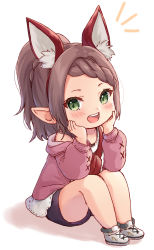 Rule 34 | 1girl, :d, animal ear fluff, animal ears, bare shoulders, black hairband, black shorts, blush, braid, braided bangs, brown hair, fake animal ears, final fantasy, final fantasy xiv, full body, green eyes, grey socks, hairband, hands on own face, hands up, highres, jacket, knees up, lalafell, long sleeves, nazuna shizuku, notice lines, off shoulder, open clothes, open jacket, open mouth, pink jacket, pointy ears, ponytail, puffy long sleeves, puffy sleeves, red shirt, shirt, shoes, short shorts, shorts, sitting, sleeveless, sleeveless shirt, smile, socks, solo, teeth, upper teeth only, warrior of light (ff14), white background, white footwear