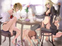 Rule 34 | 10s, 4girls, adapted costume, all fours, alternate costume, armadillo-tokage, ass, backlighting, bad id, bad twitter id, bare legs, barefoot, bismarck (kancolle), black bra, black jacket, black legwear, black panties, black ribbon, blonde hair, blue eyes, blush, bra, breasts, brown eyes, brown hair, chair, cleavage, coffee mug, collarbone, cup, day, feet on chair, flower, frilled bra, frills, full body, fur, green panties, hair ribbon, hand in own hair, holding, holding bra, holding clothes, holding underwear, indoors, jacket, jitome, kantai collection, kitchen, long hair, medium breasts, midriff, mug, multiple girls, navel, newspaper, no headwear, open clothes, open jacket, open mouth, open shirt, panties, parted lips, pencil, pink panties, plant, prinz eugen (kancolle), profile, reading, red panties, ribbon, shawl, shirt, sitting, slippers, spread legs, squatting, stomach, strap gap, striped clothes, striped panties, sunlight, table, teacup, thighhighs, tile floor, tiles, toeless legwear, toes, topless, tulip, twintails, under table, underwear, underwear only, unworn slippers, vase, white panties, writing, z1 leberecht maass (kancolle), z3 max schultz (kancolle)