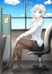 Rule 34 | 1girl, absurdres, blue eyes, blush, chair, cigarette, crossed legs, feet, hand on own knee, highres, looking at viewer, office, office chair, office lady, pantyhose, shoes, unworn shoes, short hair, silver hair, sitting, smoking, swivel chair, toes